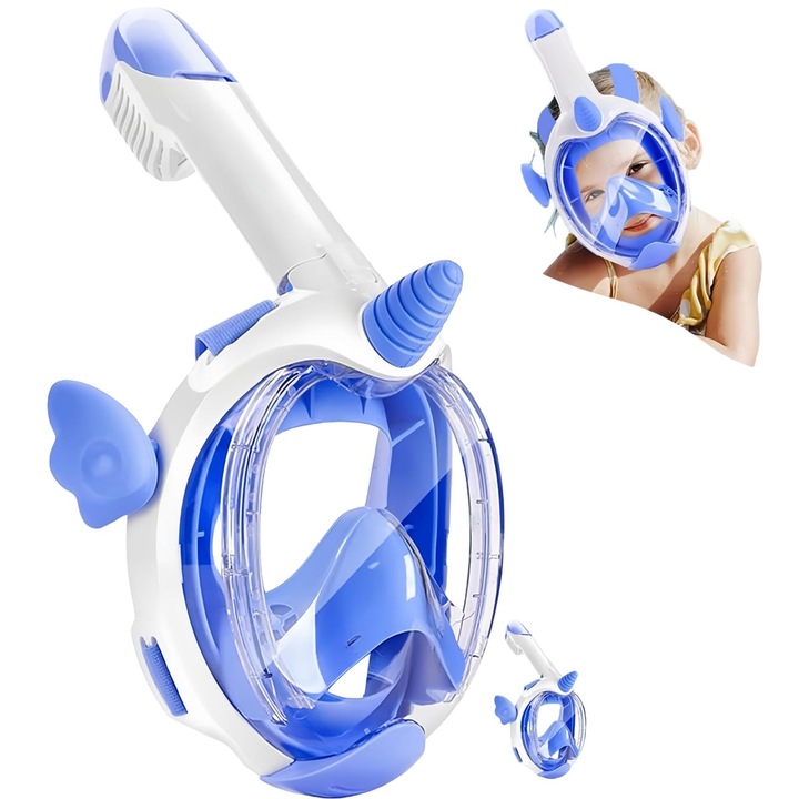 Masca de snorkeling pentru copii, RorAem, Masca snorkeling full face masura cu design cu vedere panoramica 180, fata completa, tehnologie dry-top, pentru varste intre 3-15ani, Albastru oceanic