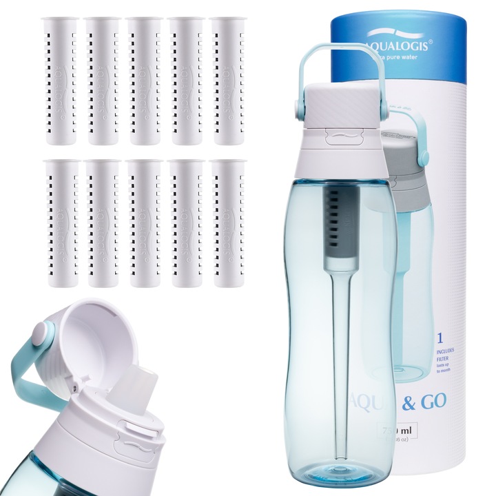 Aqualogis Aqua&Go sticla filtranta 750 ml + 10 filtre, Tritan fara BPA, filtru cu carbune activ, capac etans, pai integrat, pentru apa mai curata acasa, la birou, sport si calatorii