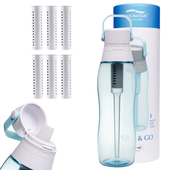 Aqualogis Aqua&Go sticla filtranta 750 ml + 6 filtre, Tritan fara BPA, filtru cu carbune activ, capac etans, pai integrat, pentru apa mai curata acasa, la birou, sport si calatorii