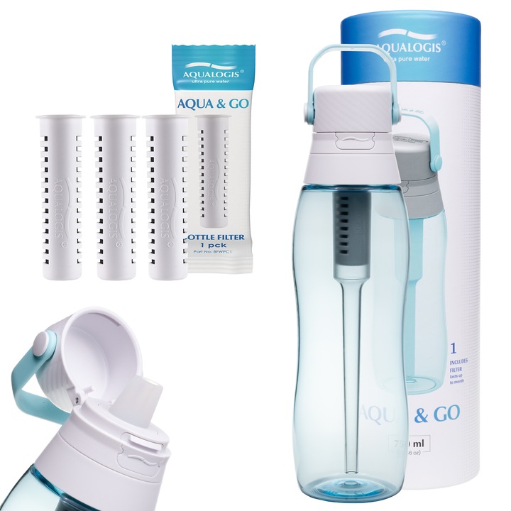 Aqualogis Aqua&Go sticla filtranta 750 ml + 3 filtre, Tritan fara BPA, filtru cu carbune activ, capac etans, pai integrat, pentru apa mai curata acasa, la birou, sport si calatorii