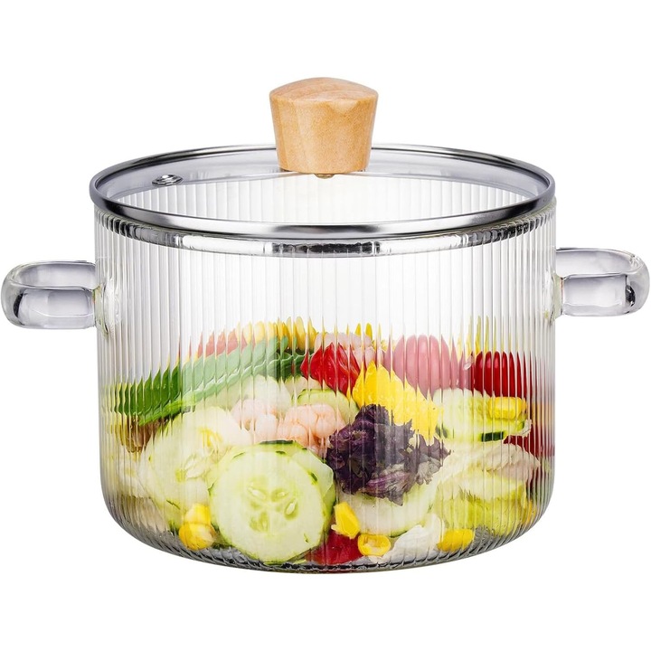 Тенджера от боросиликатно стъкло 1.9 л, Morovan, термоустойчива, с капак, дървени дръжки, за готвене на котлон