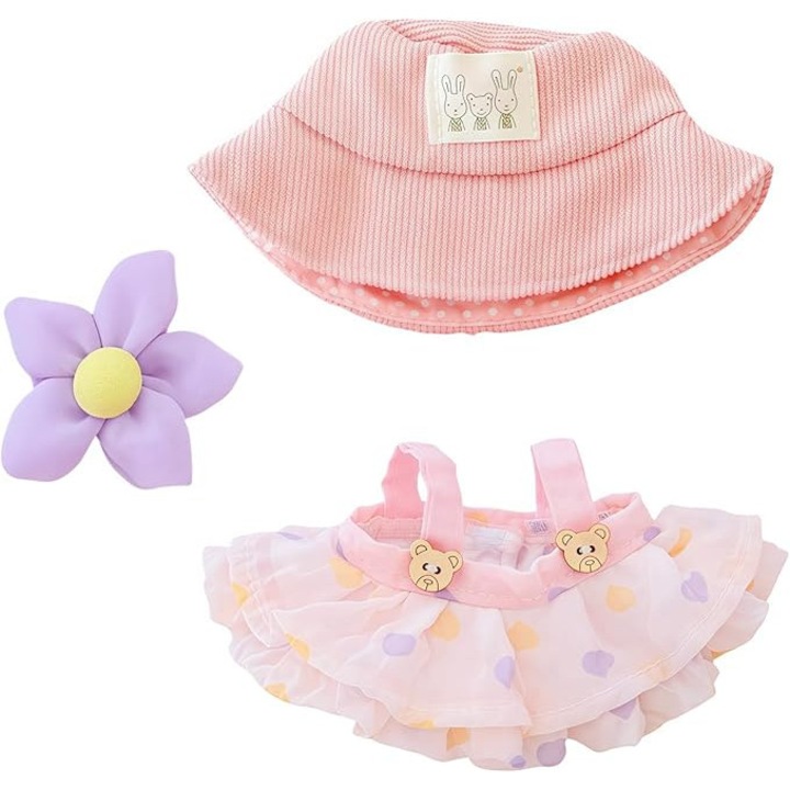 Set de imbracaminte pentru papusi, Labubu, 15/17 cm, Palarie cu fusta de tifon, Roz