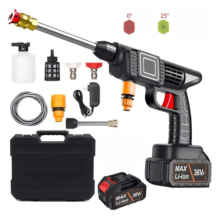 Aparat de spalat cu presiune fara fir 36V, Spalator auto high pressure washer fara fir, set premium (unitate+baterie+10 accesorii),2 duze(0°/25°)/teava 6.5m/spumator, portabil pentru casa/afaceri, negru