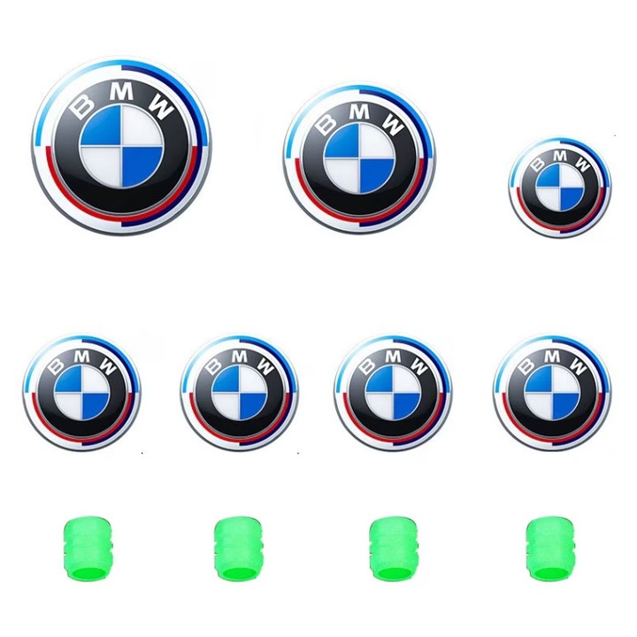 Set embleme BMW 11 piese, capota 82 mm, portbagaj 74mm, capace jante 68mm, sigla volan 44 mm, Editie Aniversara 50 de ani