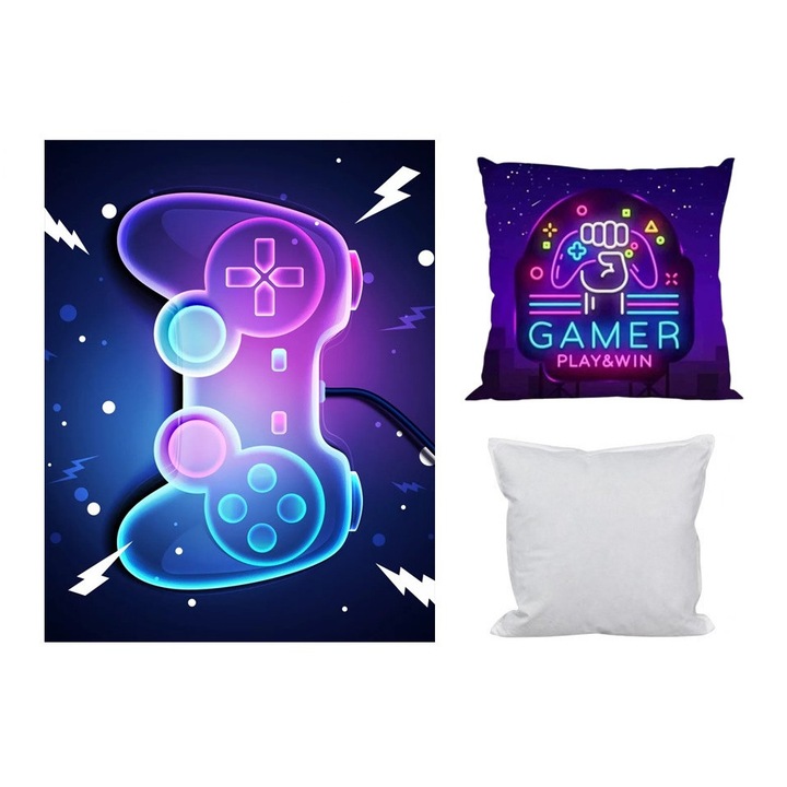 Комплект от 3 геймърски поларени одеяла, калъфка за възглавница и възглавници (Gamer Zone Neon)