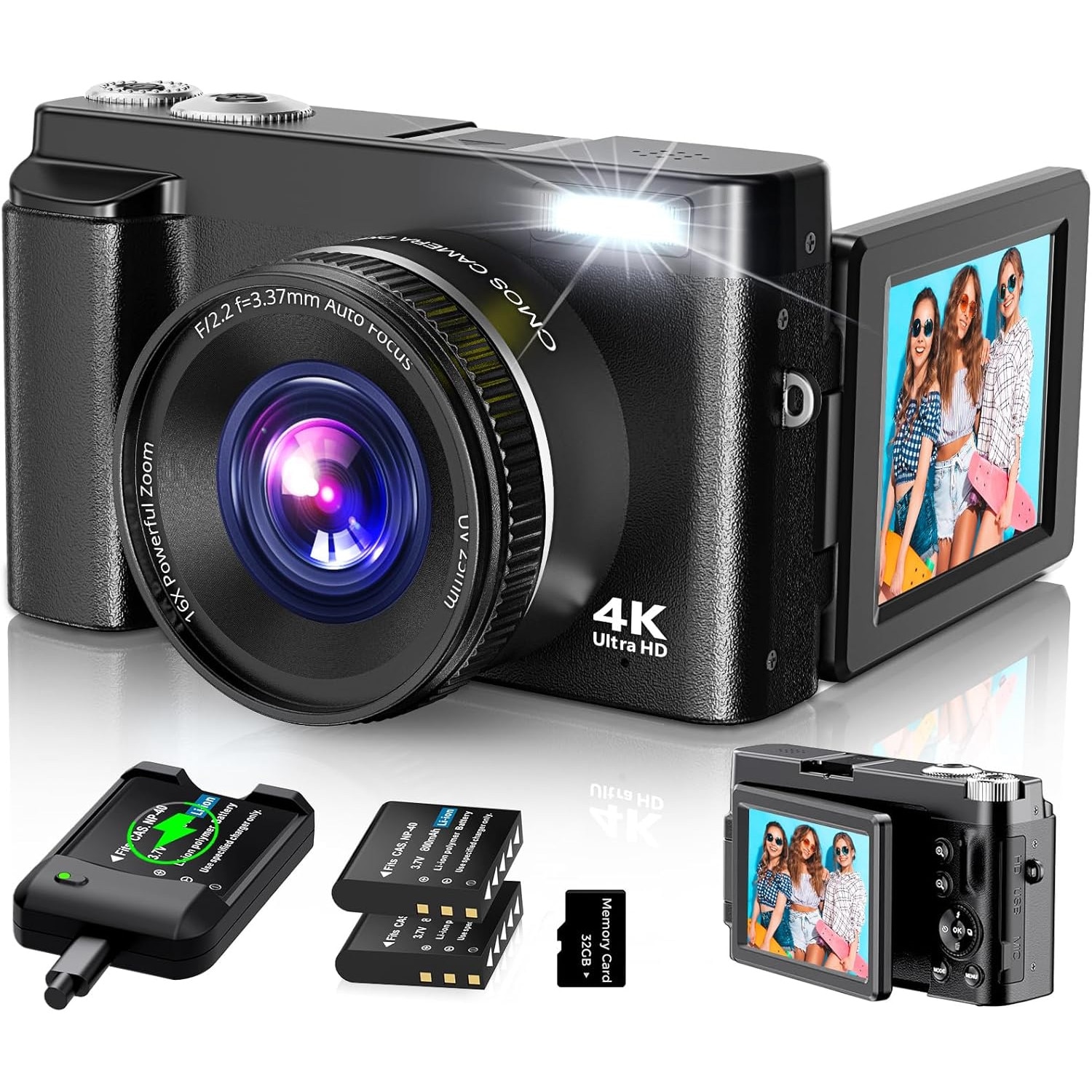 Camera Digitala 4K 48MP Autofocus cu Card SD, Excitat, 2 Baterii