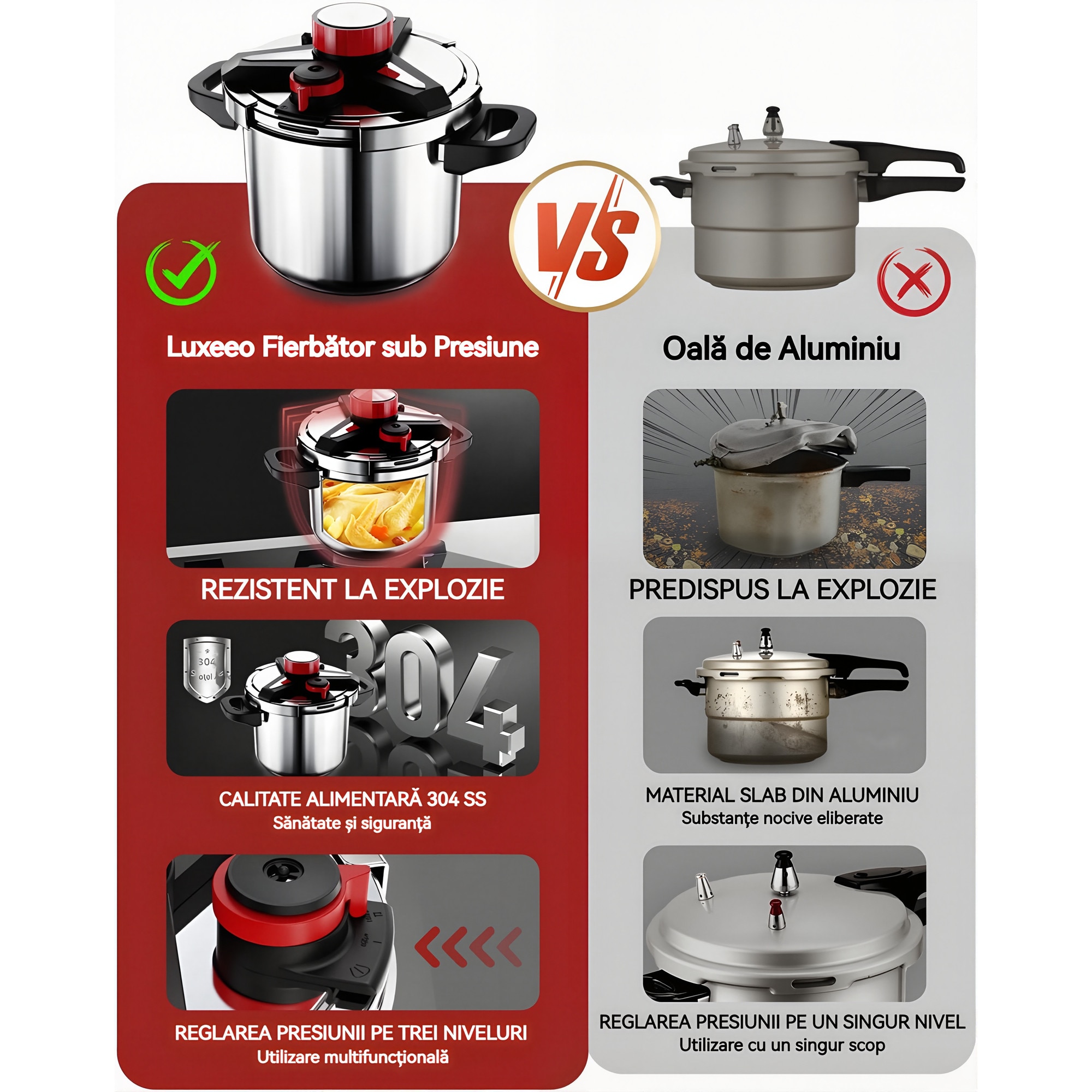 Oala Sub Presiune 3-in-1 din Inox 304, Luxeeo, 6.3L, Capac Sticla si ...