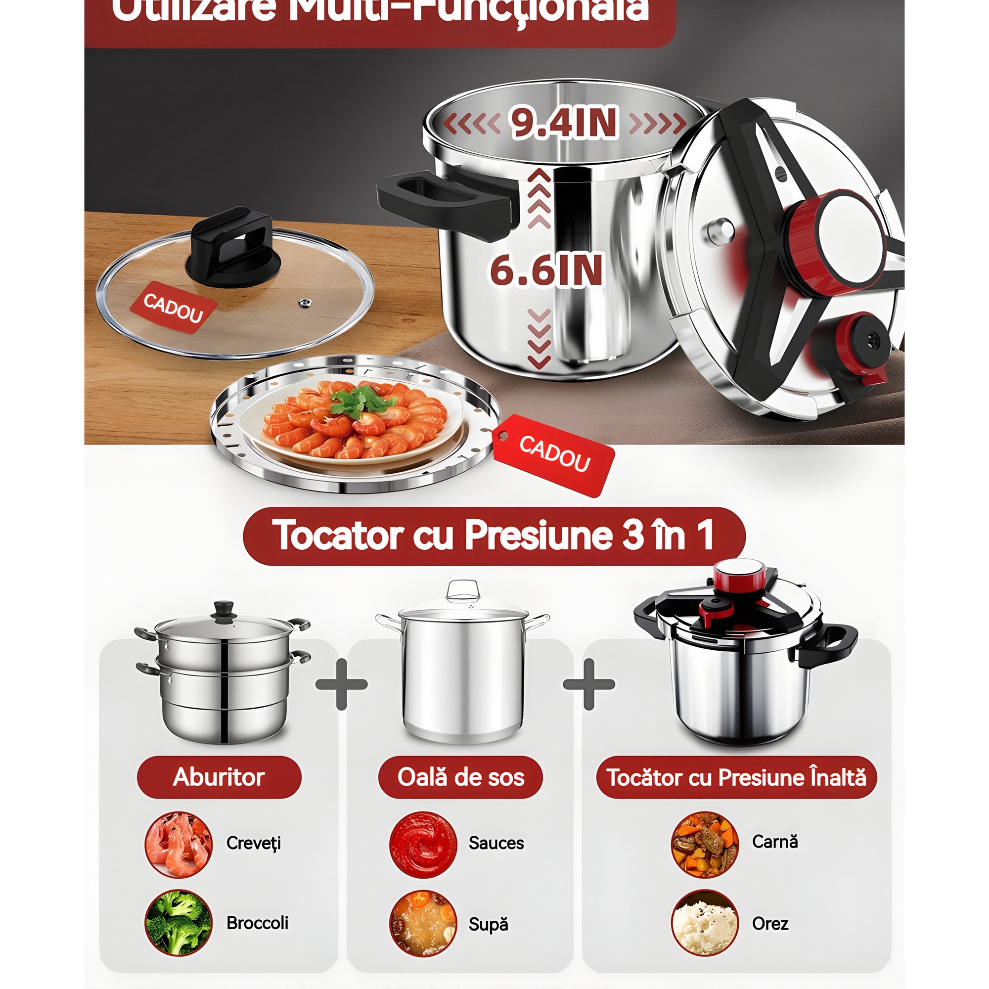 Oala Sub Presiune 3-in-1 din Inox 304, Luxeeo, 6.3L, Capac Sticla si ...