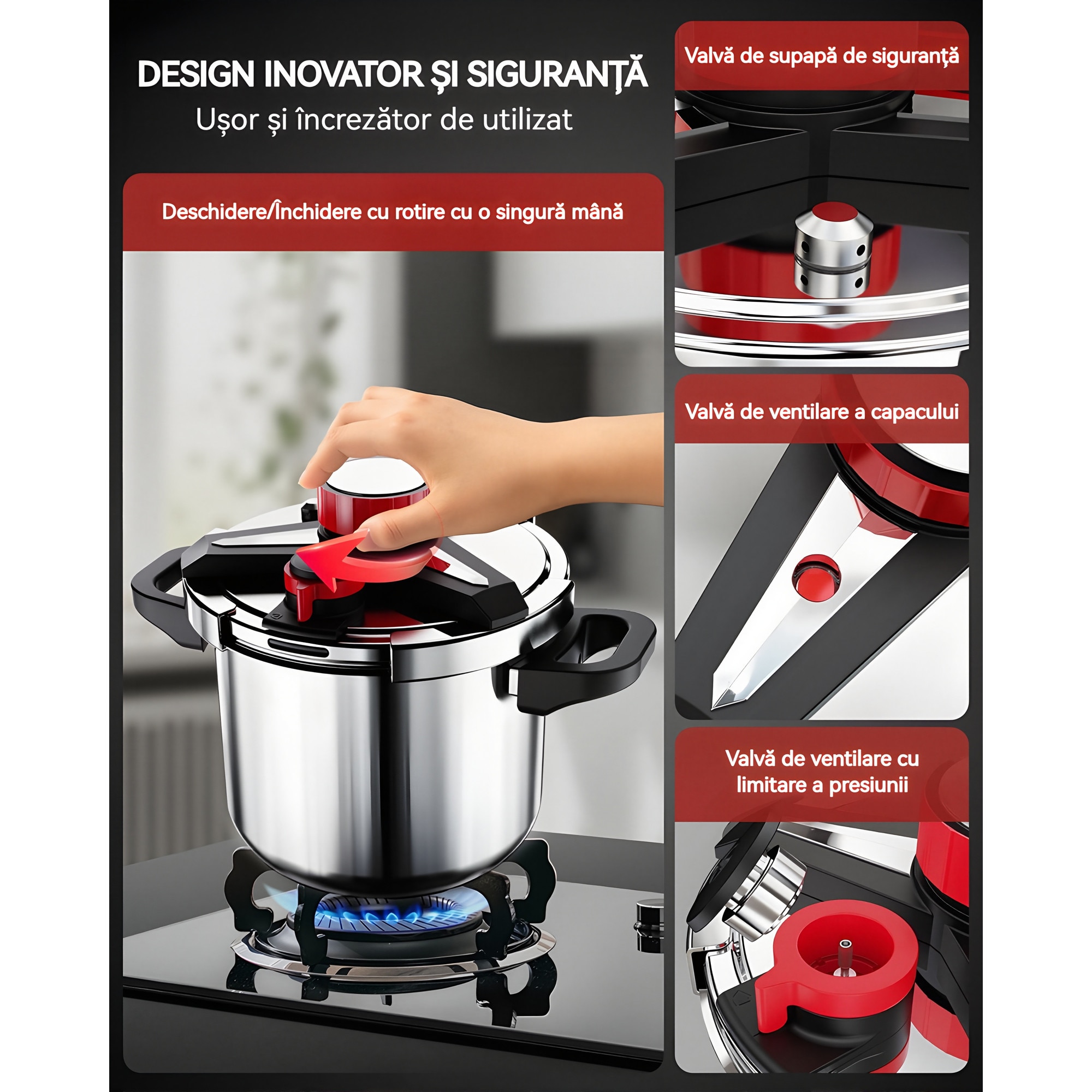 Oala Sub Presiune 3-in-1 din Inox 304, Luxeeo, 6.3L, Capac Sticla si ...
