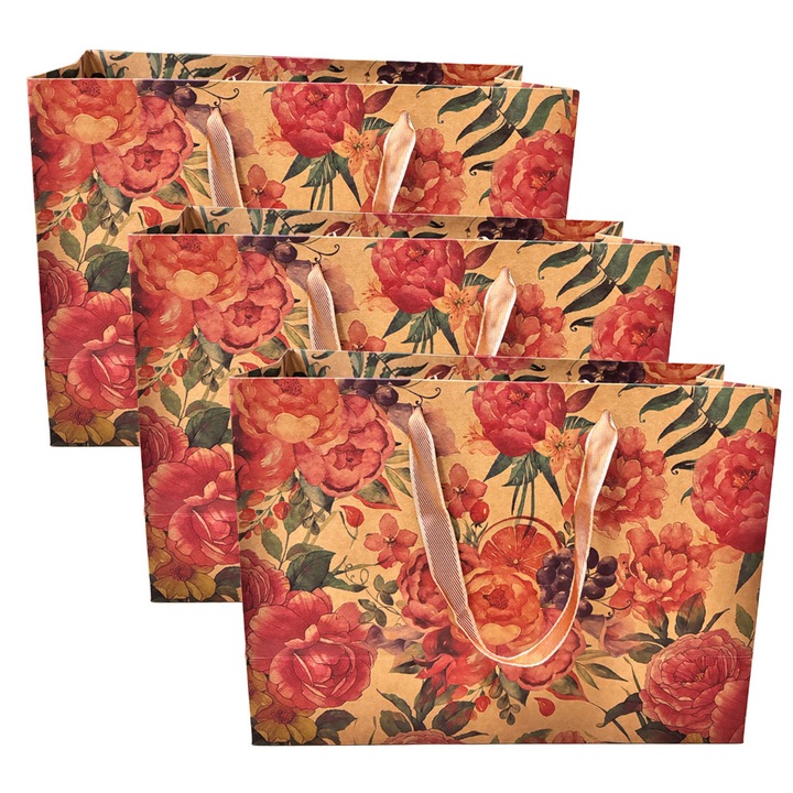 Set 3 Pungi Cadou, SWJOYOL, Florale din Hartie Kraft cu Manere Roz, 35x26x13cm, Multicolor