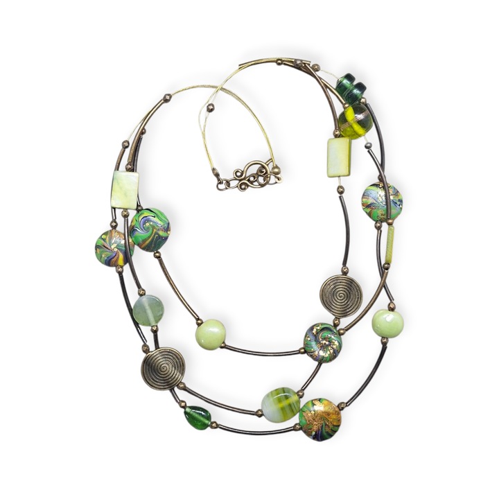 Colier handmade, multistrat, margele artizanale verde-bronz, cadou elegant, 46 cm