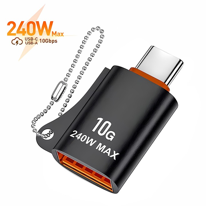 Adaptor USB 3.0 la Type-C, OTG, 10Gbps, 240W, Aluminiu - Techsuit HyperPort (A1) - Black / Orange