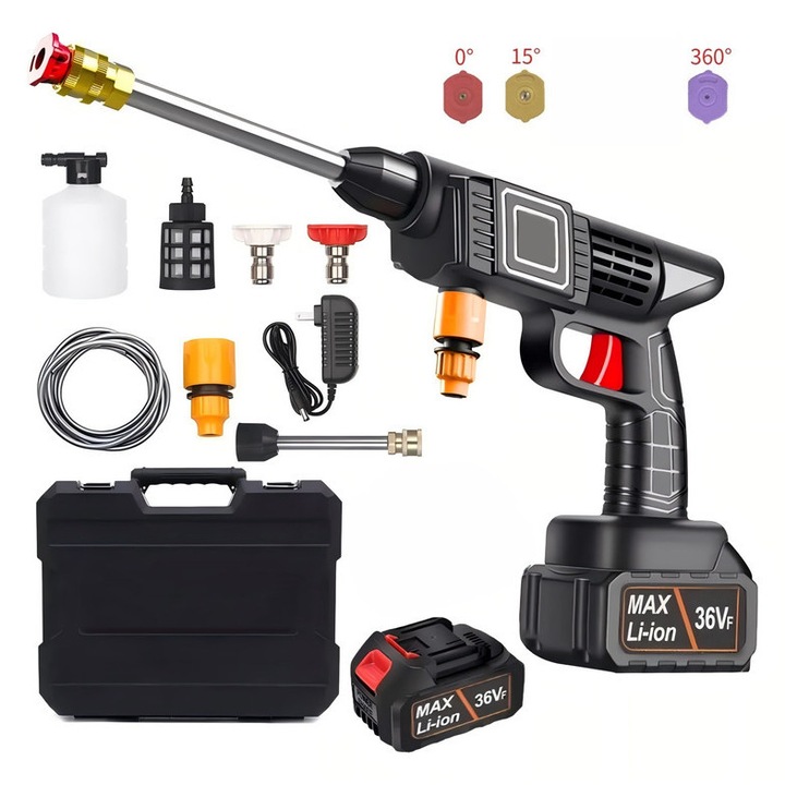 Aparat de spalat cu presiune fara fir 36V, Spalator auto high pressure washer fara fir, set premium (unitate+baterie+11accesorii),3 duze(0°/15°/360°)/teava 6.5m/spumator, pentru auto/plante/tratament, negru