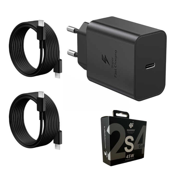 Set Incarcator super Fast Charge 45W PD usb C, T4510 compatibil cu Samsung S24, S23 ultra, 2 Cablu de date 1.8m USB-C - C 5A