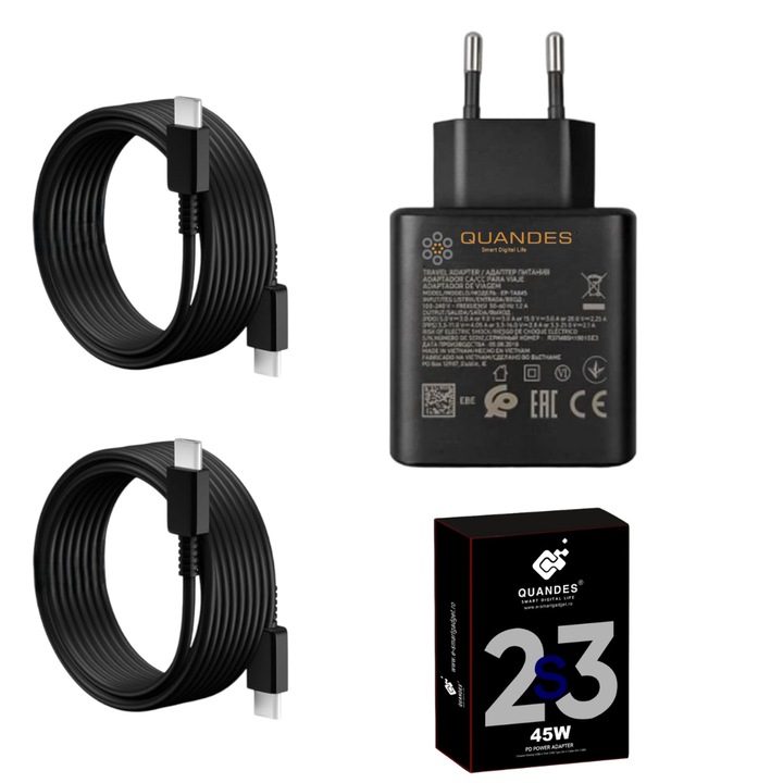 set Incarcator super Fast Charge 45W PD usb C, compatibil cu Samsung S23 ultra, S23, S22 ultra, 2 Cablu de date 1.8m USB-C - C 5A