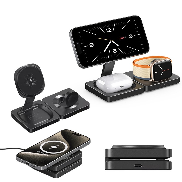 Incarcator Wireless 3-in-1 15W, 2AMNOVA, Pliabil si Portabil, Suport Magnetic Desktop, Compatibil iPhone, Apple Watch, AirPods, Fast Charging, Protectie Supratensiune, USB, Negru
