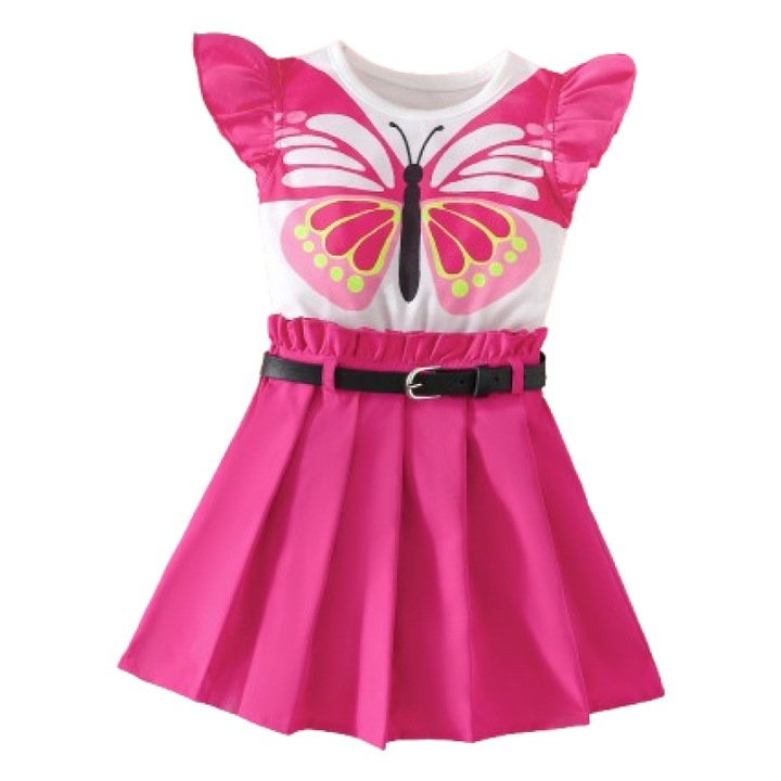 Set fetita 2 piese tricou alb cu imprimeu fluturas si fusta plisata, Multicolor