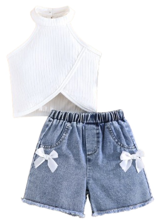 Set fete 2 piese maieu alb si pantaloni scurti denim decorati cu 2 fundite, Alb/Albastru