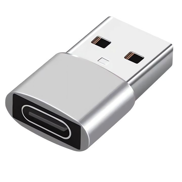 OTG адаптер Bervolo® USB-A към USB-C, бързо зареждане 3A, високоскоростен трансфер на данни, алуминиев корпус, компактен, сив