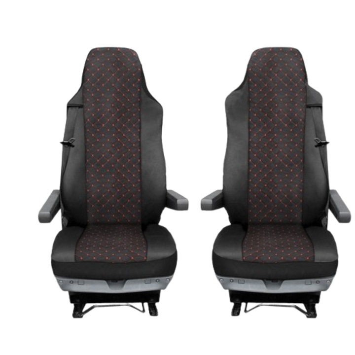 Huse de scaun, Tapiterie pentru camion Man TGX 2015-2021, Negru cu cusaturi rosii, 2 bucati
