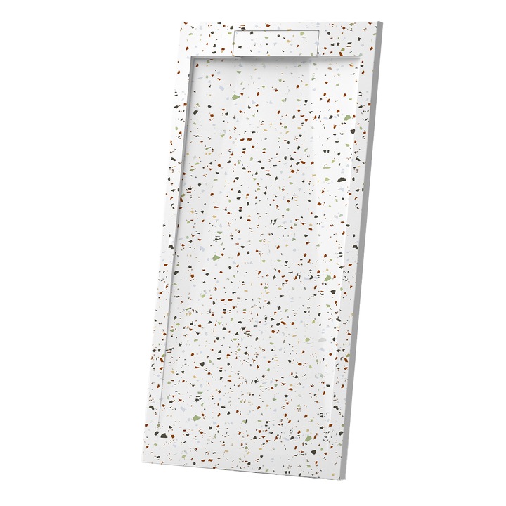 Душ корито, бяло, терацо покритие, минерален композит, височина 2.5, размери 120x80 см, възможност за рязане, Antonio