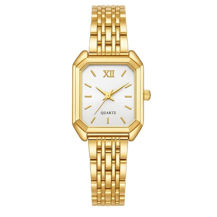 Дамски златист часовник, бял циферблат, класически елегантен стил