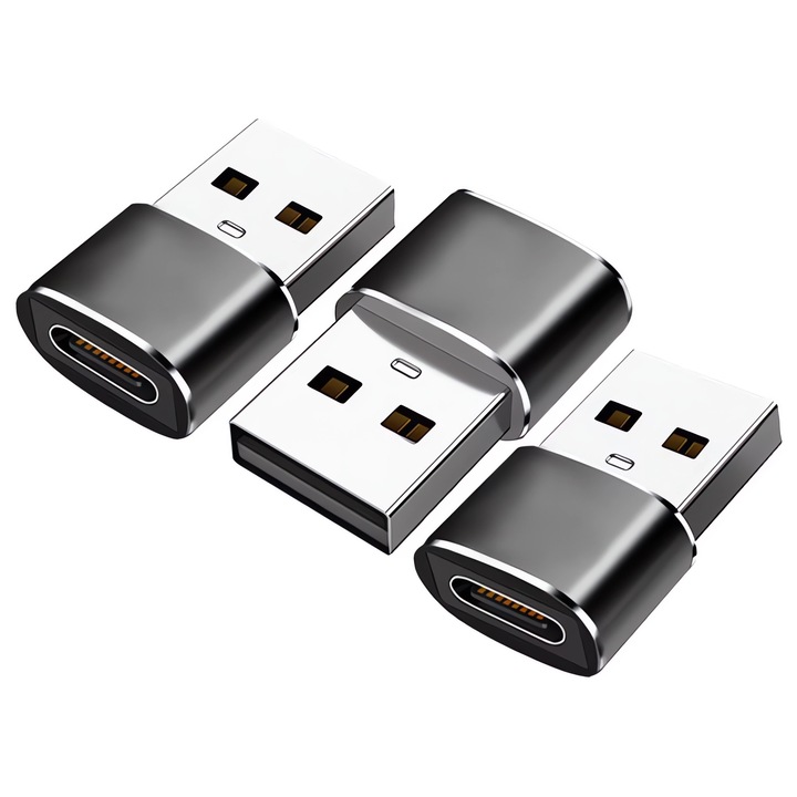 Комплект 3 броя Bervolo® OTG адаптери от USB-A към USB-C, Бързо зареждане 3A, Бърз трансфер на данни, Алуминиев корпус, Компактни, черен
