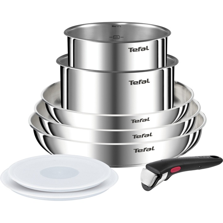 Комплект тигани и тенджери Tefal, 8 части, инокс, с подвижна дръжка