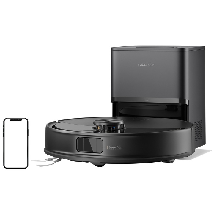 Robot de curatare, Roborock Q10 VF+, negru, 35.3x35.3x9.9cm, cu functie de mopare, statie de incarcare si golire automata