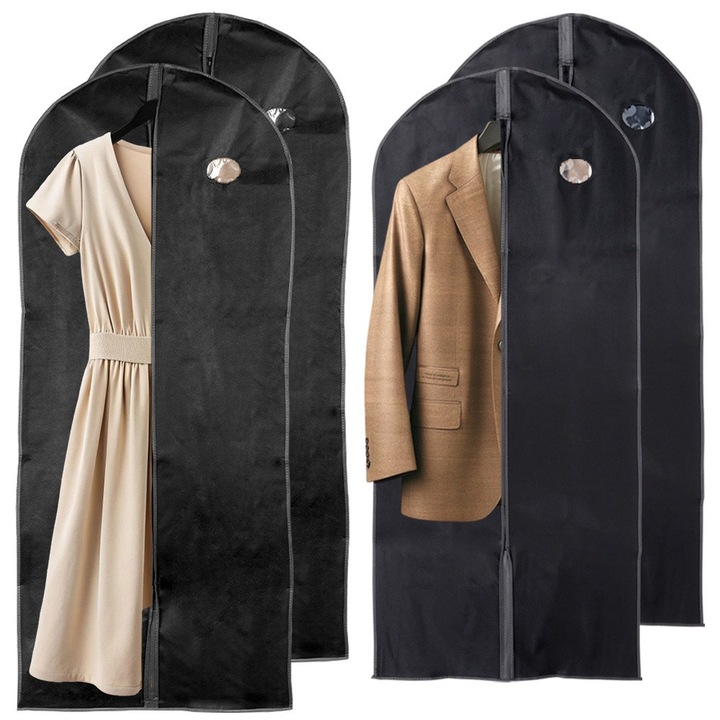Set 4 Huse Pentru Imbracaminte, Vilde, 60x135 Cm / 60x150 cm, Negru, Material Poliester, Protectie Impotriva Prafului Si Umiditatii, Fermuar Convenabil, Depozitare Usoara