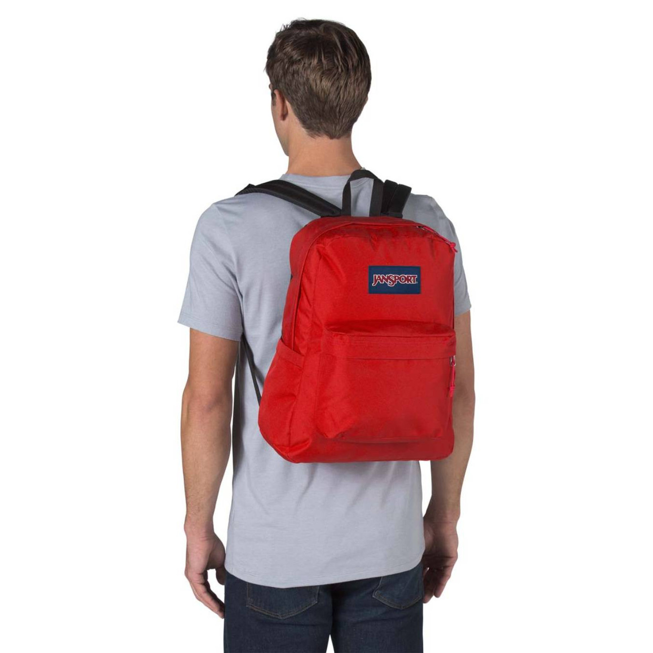 Rucsac laptop JanSport, SuperBreak Plus, rosu, compartiment 15", buzunar lateral pentru sticla de apa