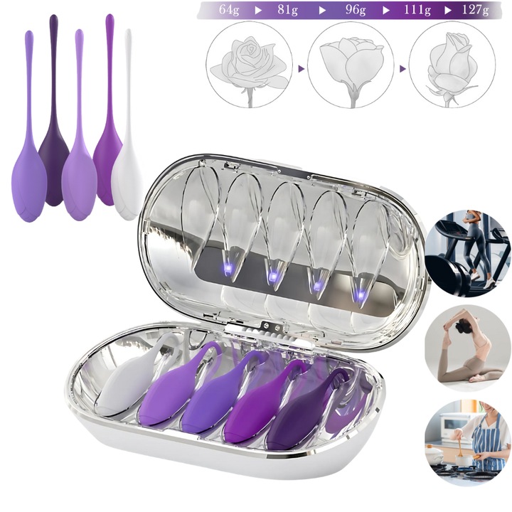 Set 5 Bile Kegel cu STERILIZATOR electric inclus, Silicon medical + ABS + bila din otel, recomandate de catre Medic pentru exercitii vaginale si intarirea muschilor pelvieni, Steilizator cu USB -C,5 greutati, intensifica placerea in timpul actului sexual
