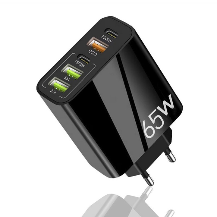 Incarcator Retea, Beedove, 5 Porturi, 65W Fast Charge, 3 x USB, 2 x Type-C, Multiport Universal, Compatibil pentru telefon, smartwatch, iPhone, Huawei, Samsung, Xiaomi, Negru