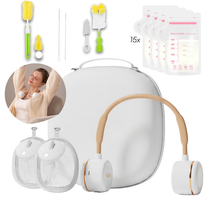 Pompa de san electrica dubla premium Valorix® hands-free tip casti, suport gat ultra confort, 4 moduri, 9 viteze, 285 mmHg, stimulare naturala, golire rapida, silicon moale, zgomot redus, 240 minute, 15 pungi depozitare lapte + accesorii curatare incluse