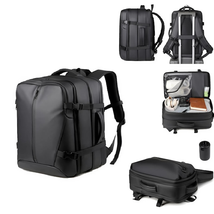 Rucsac Negru Cu Vacuum, Deschidere 180°, Compartiment Laptop, Compresie Vacuum Economiseste 60% Spatiu, Rezistent la zgarieturi, Compartiment haine uscate/umede, Organizare inteligenta, Pompa vacuum inclusa, HADEX