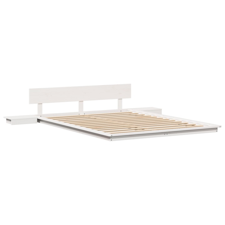 vidaXL Padlóágykeret éjjeliszekrényekkel Fehér 140x200cm Tömör fa 872399