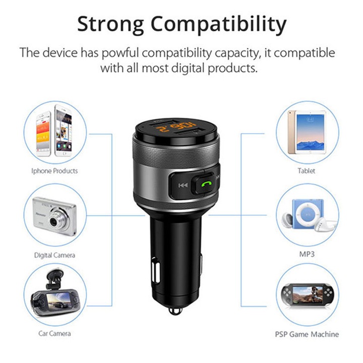 Modulator FM, Beedove, Bluetooth 5.0, 2 porturi USB, Transmitator FM cu Incarcare, functie de incarcator auto, Hands-Free, anulare a zgomotului, Redare de pe Stick USB, compatibil cu orice Device, Negru carbon