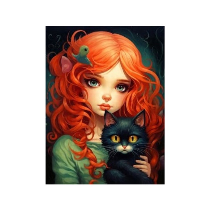 Set diamentat Norimpex, fetita cu pisica neagra, 40x30cm