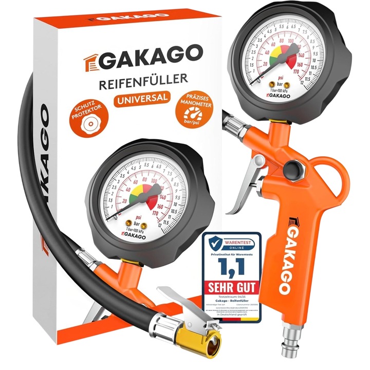 Въздушна помпа Gakago с манометър, оранжева/черна, 0-12 бара, 45 см