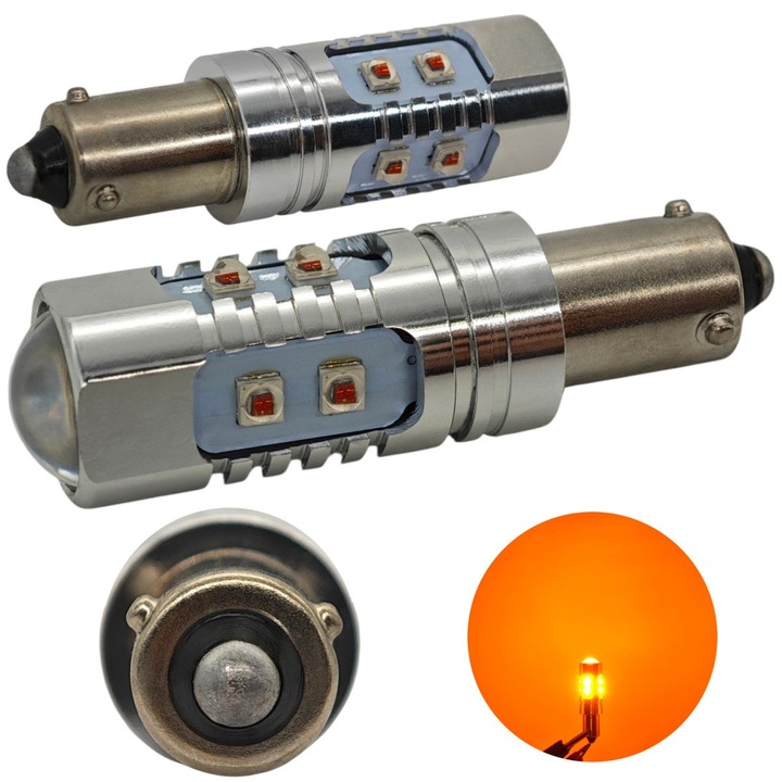 Bec LED auto, motoLEDy, BAY9S, H21W, CANBUS, Set 2 bucati, Tensiune 12-24V, Flux 1100 lumeni, Unghi 360 grade, Durata de viata 50000 ore, Rezistent la socuri, Pornire instantanee, Portocalie, Semnalizare, Yacht, Vehicule SUA