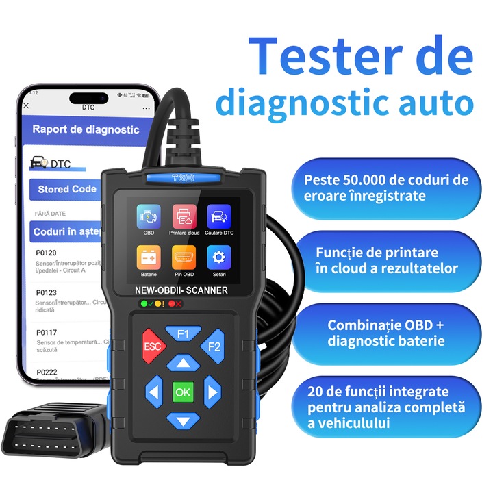 Тестер за кола OBD2 универсален, четене и изтриване на кодове за грешки, многоезична поддръжка, 5w+ кодове за грешки, компактни размери