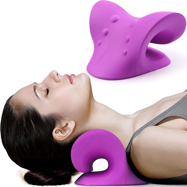 Suport Relaxant pentru gat si umeri, Dispozitiv de tractiune cervicala pentru ameliorarea durerii TMJ si alinierea coloanei cervicale, Perna chiropractica, Magenta