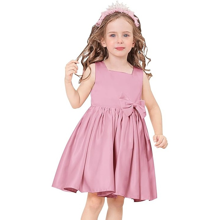 Rochita eleganta, deasupra la genunchi, fara maneci, cu volanase, Roz 6-7 ani