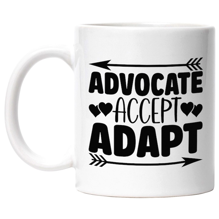 Персонализирана бяла чаша, сърца и посланието Advocate, accept, adapt - support accept adapt, INOVATIX®. 330 мл