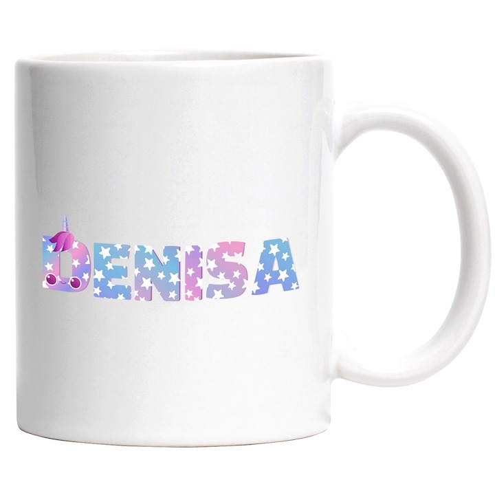 Személyre szabott fehér bögre, Denisa névvel, Unikornis, Hercegnő, Mese, Aranyos, INOVATIX®. 330ml