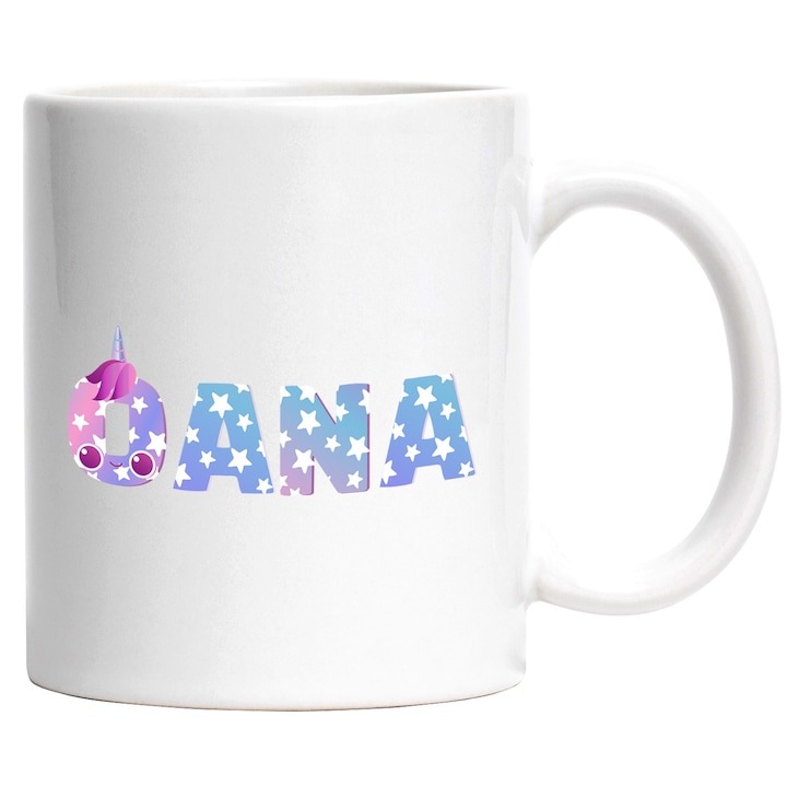 Személyre szabott fehér bögre, Oana, Unikornis, Hercegnő, Mese, Aranyos, INOVATIX® névvel. 330ml