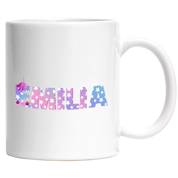 Személyre szabott fehér bögre, Név: Emilia, Unikornis, Hercegnő, Mese, Aranyos, INOVATIX®. 330ml