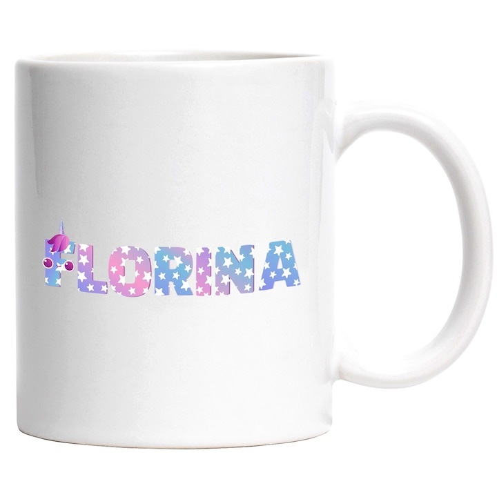 Személyre szabott fehér bögre, Név: Florina, Unikornis, Hercegnő, Mese, Aranyos, INOVATIX®. 330ml
