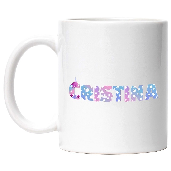 Személyre szabott fehér bögre, Név: Cristina, Unikornis, Hercegnő, Mese, Aranyos, INOVATIX®. 330ml