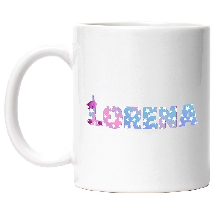 Személyre szabott fehér bögre, Lorena, Unikornis, Hercegnő, Mese, Aranyos, INOVATIX®. 330ml